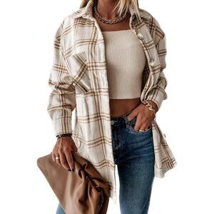 Women Beige Collared V Neck Button Down Oversized Long Sleeve Shirt Top